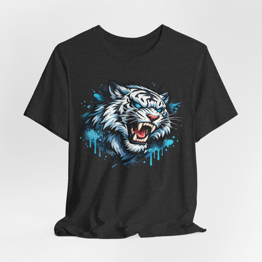 Black short-sleeve T-shirt with roaring tiger head graphic in blue drip style
