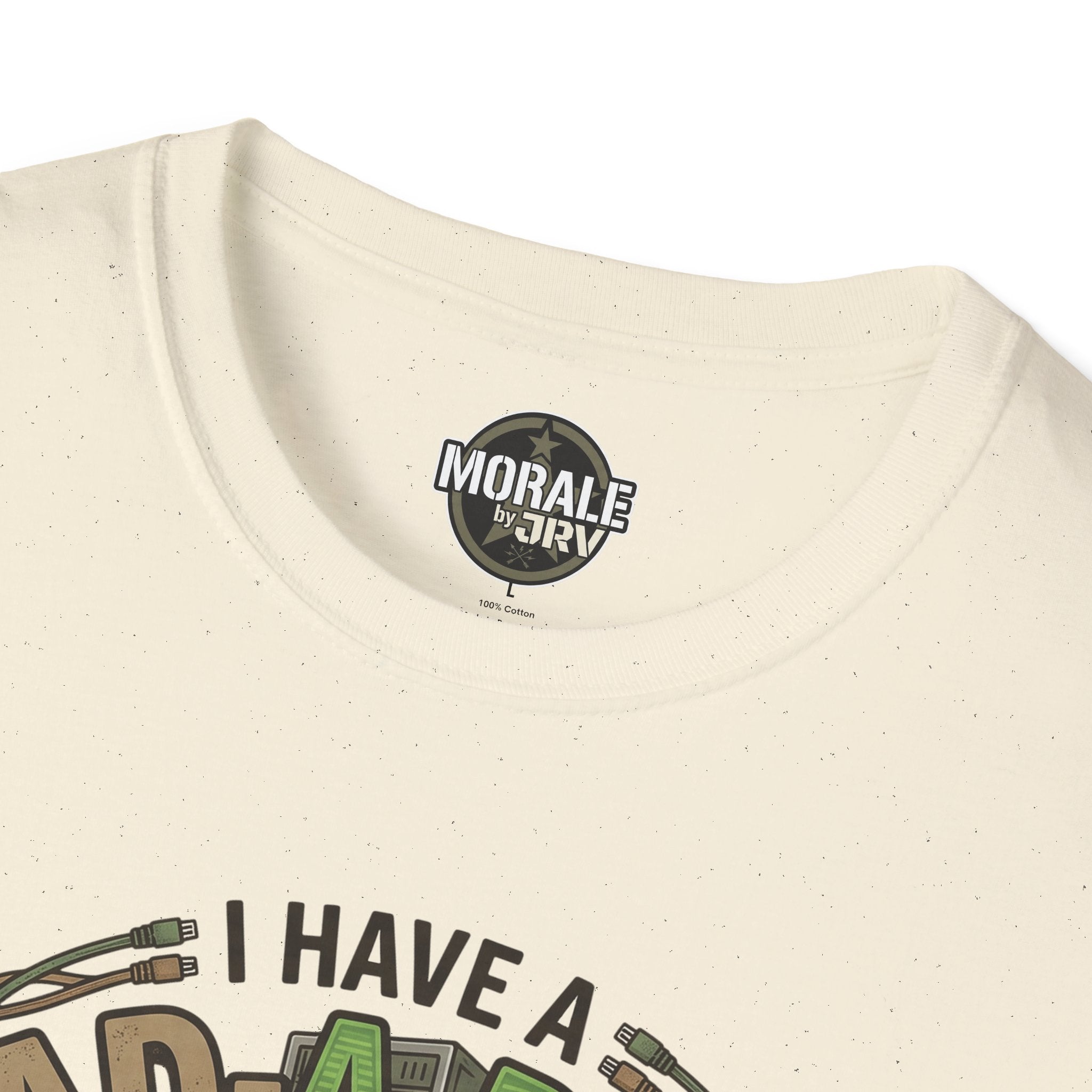 Natural T-shirt neckline with small logo and “I HAVE A” print