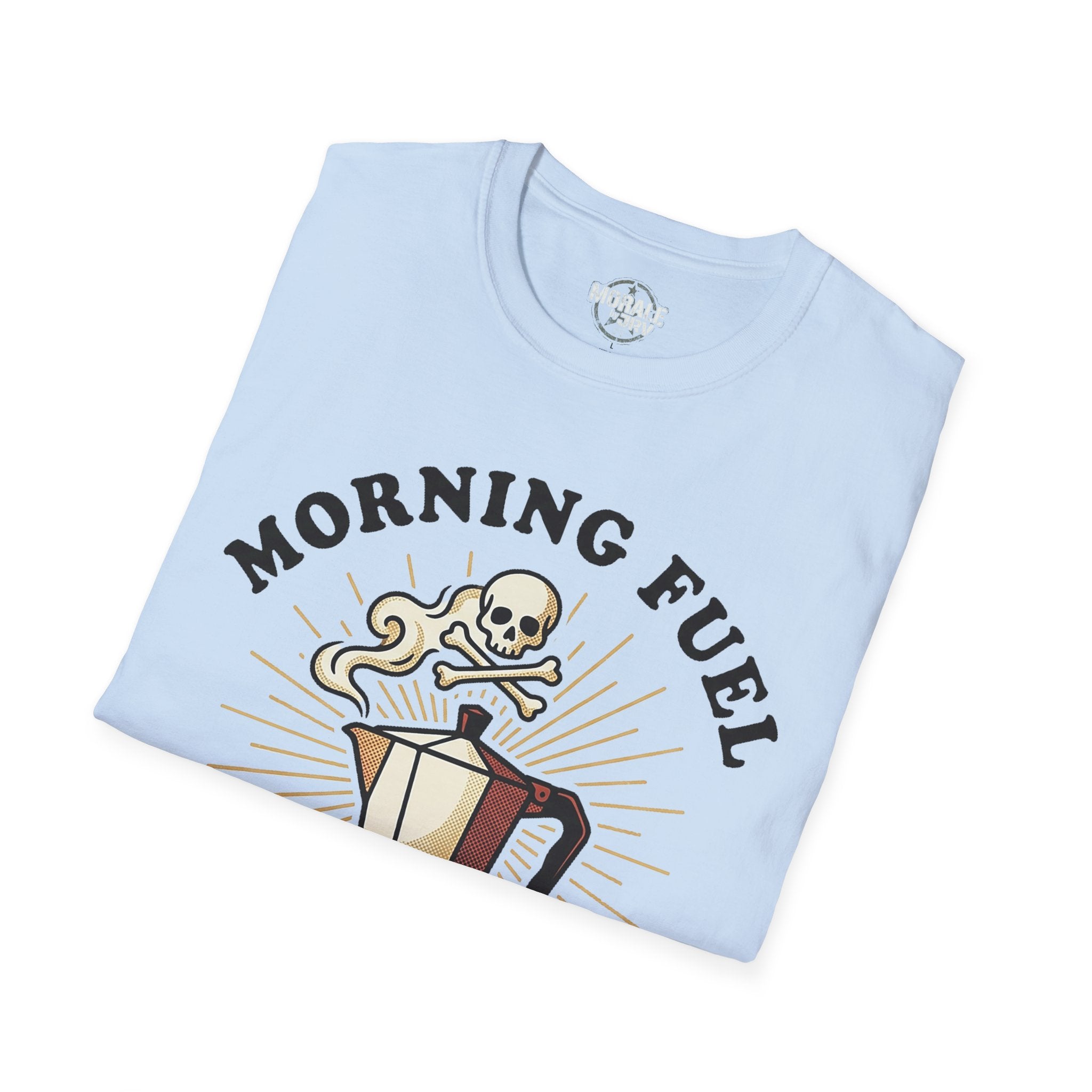 Light blue T-shirt with “MORNING FUEL” text and skull coffee mug graphic