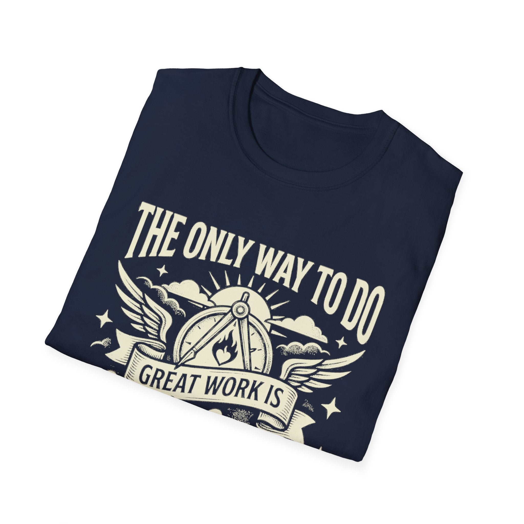 Navy tee with wings-and-ribbon quote graphic: “GREAT WORK IS”