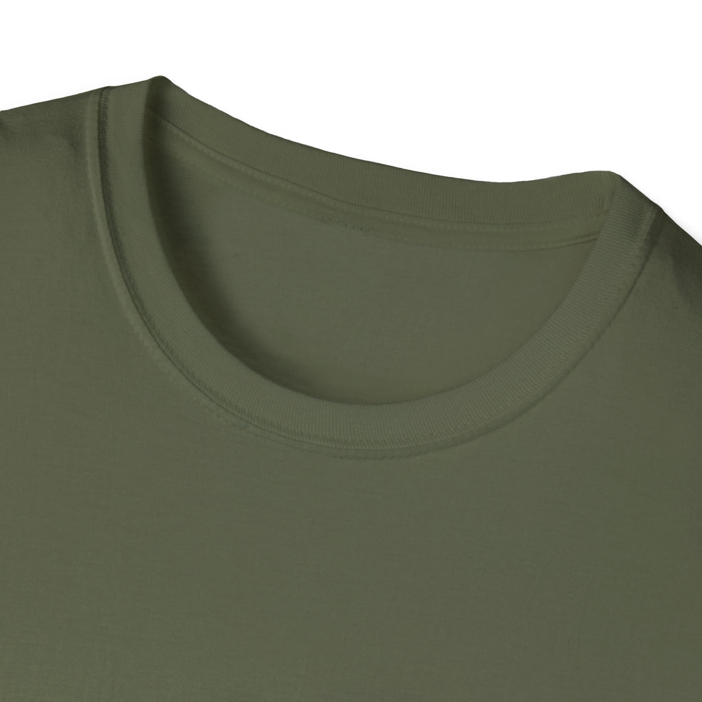 Military green crew-neck T-shirt collar close-up with ribbed neckline