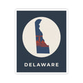 Kiss-cut Delaware state silhouette sticker in blue and red with 'DELAWARE' text and white circle