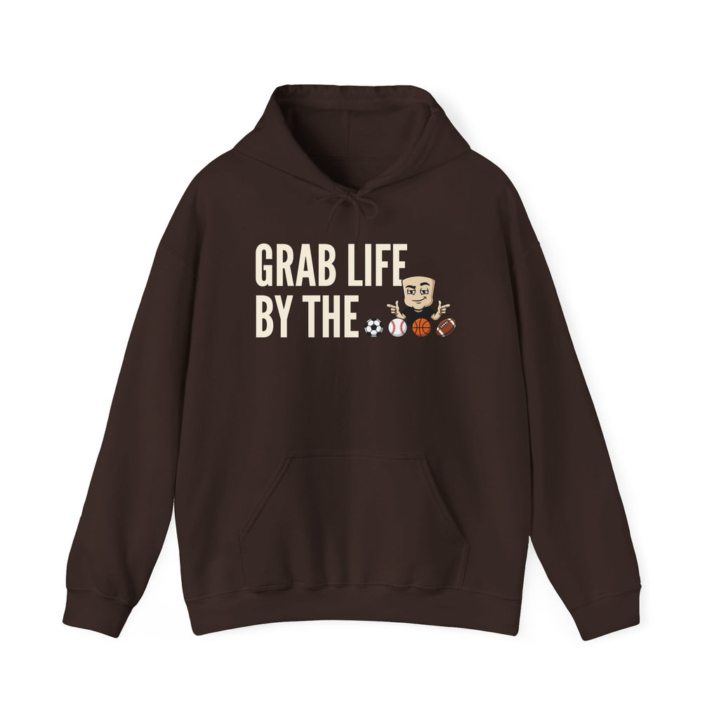 Grab Life By The Balls Hoodie | Funny Sports Ball Graphic Adult Humor Sweatshirt Gift