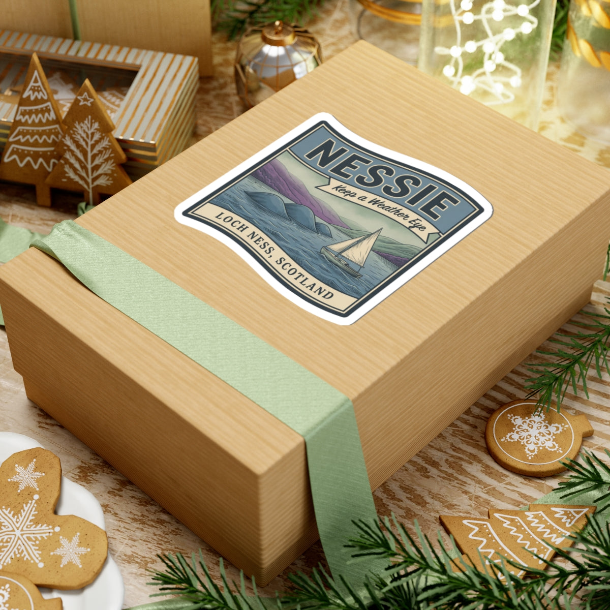 Loch Ness Scotland sticker on a wrapped gift box with Nessie and sailboat illustration