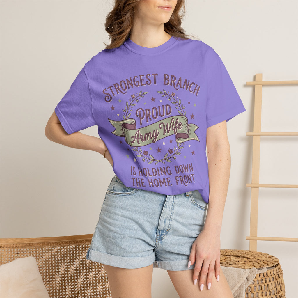 Lavender T-shirt with circular Army Wife graphic and patriotic text