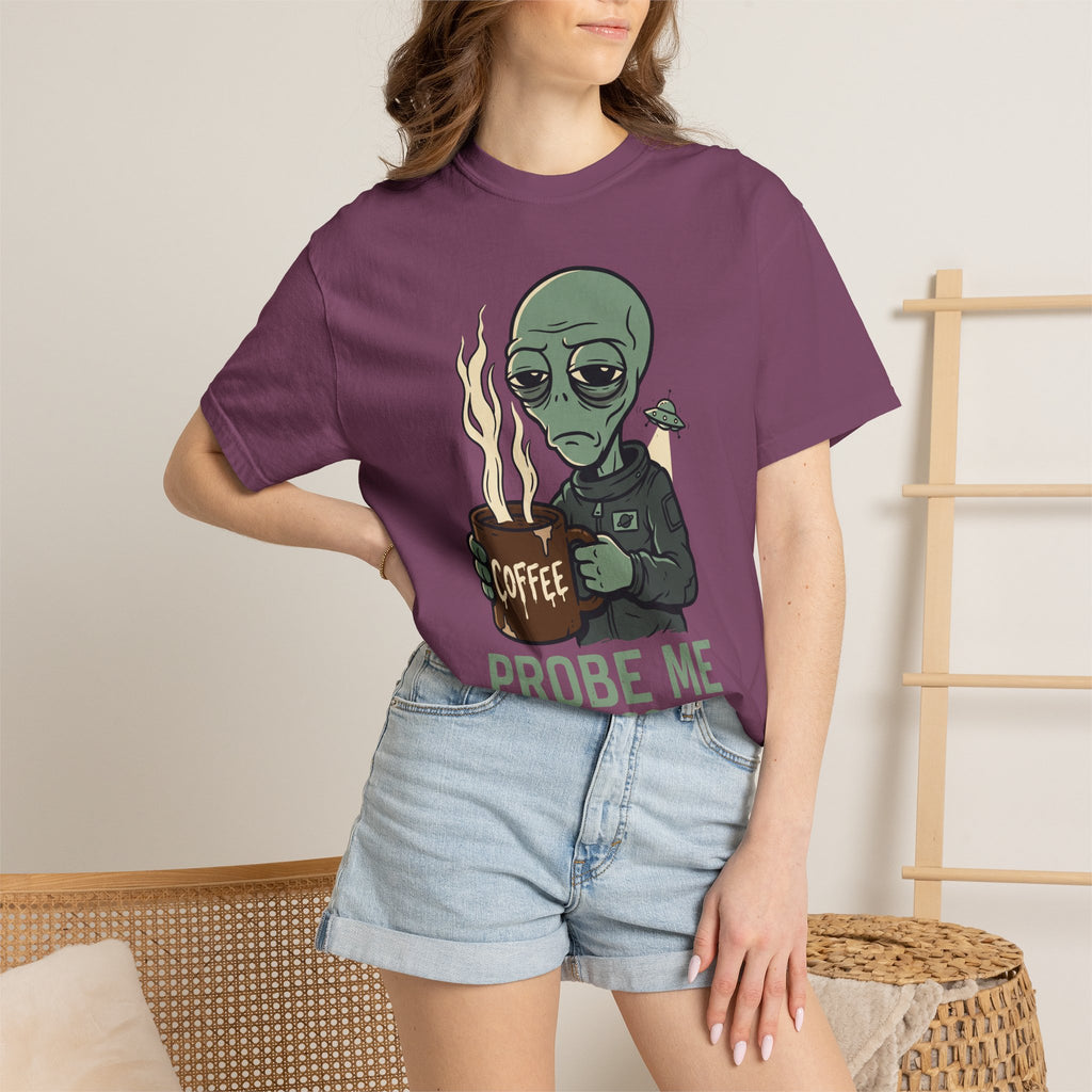 Plum T-shirt with alien holding coffee graphic and 'PROBE ME' text