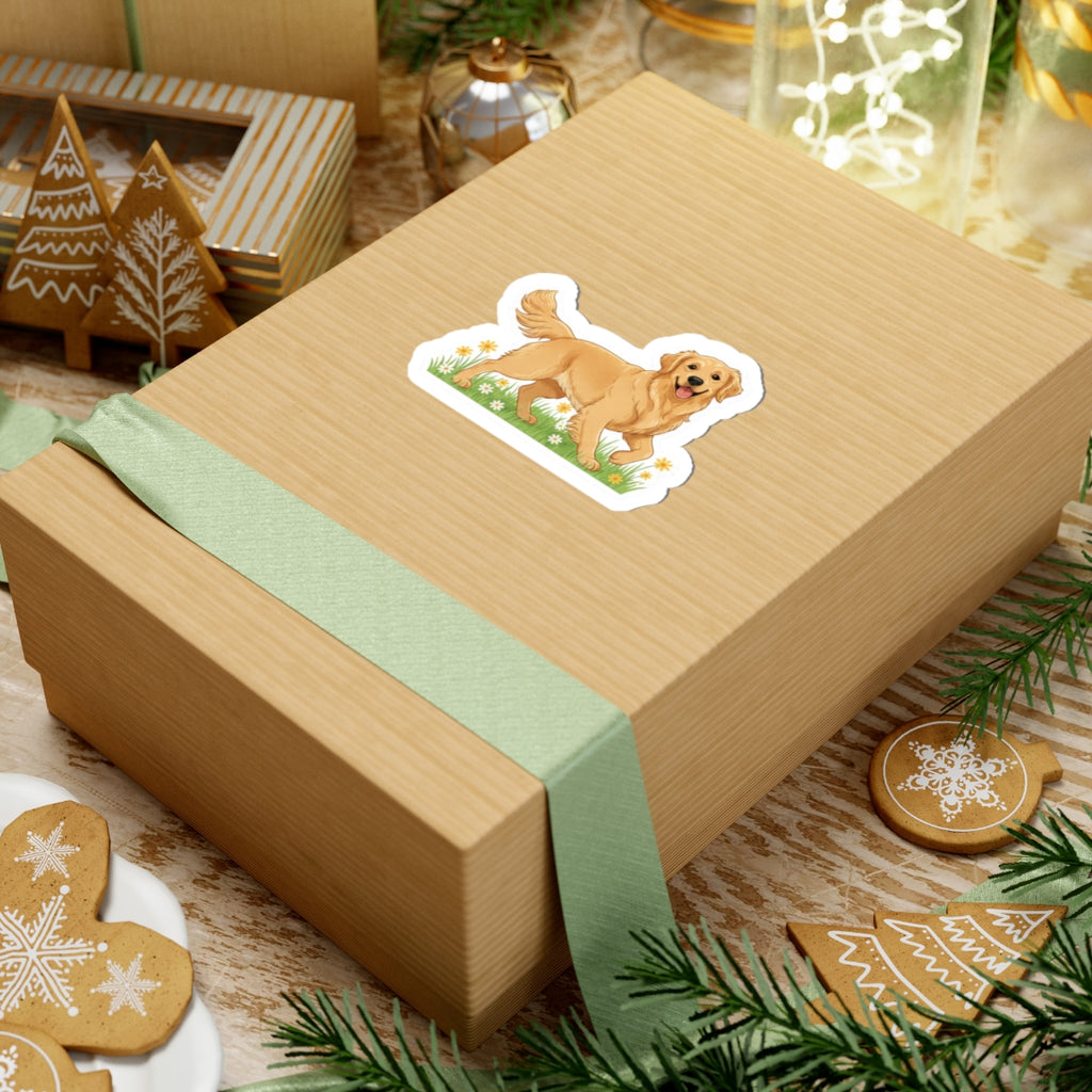 Golden retriever walking sticker on wrapped gift with daisies, white outline border