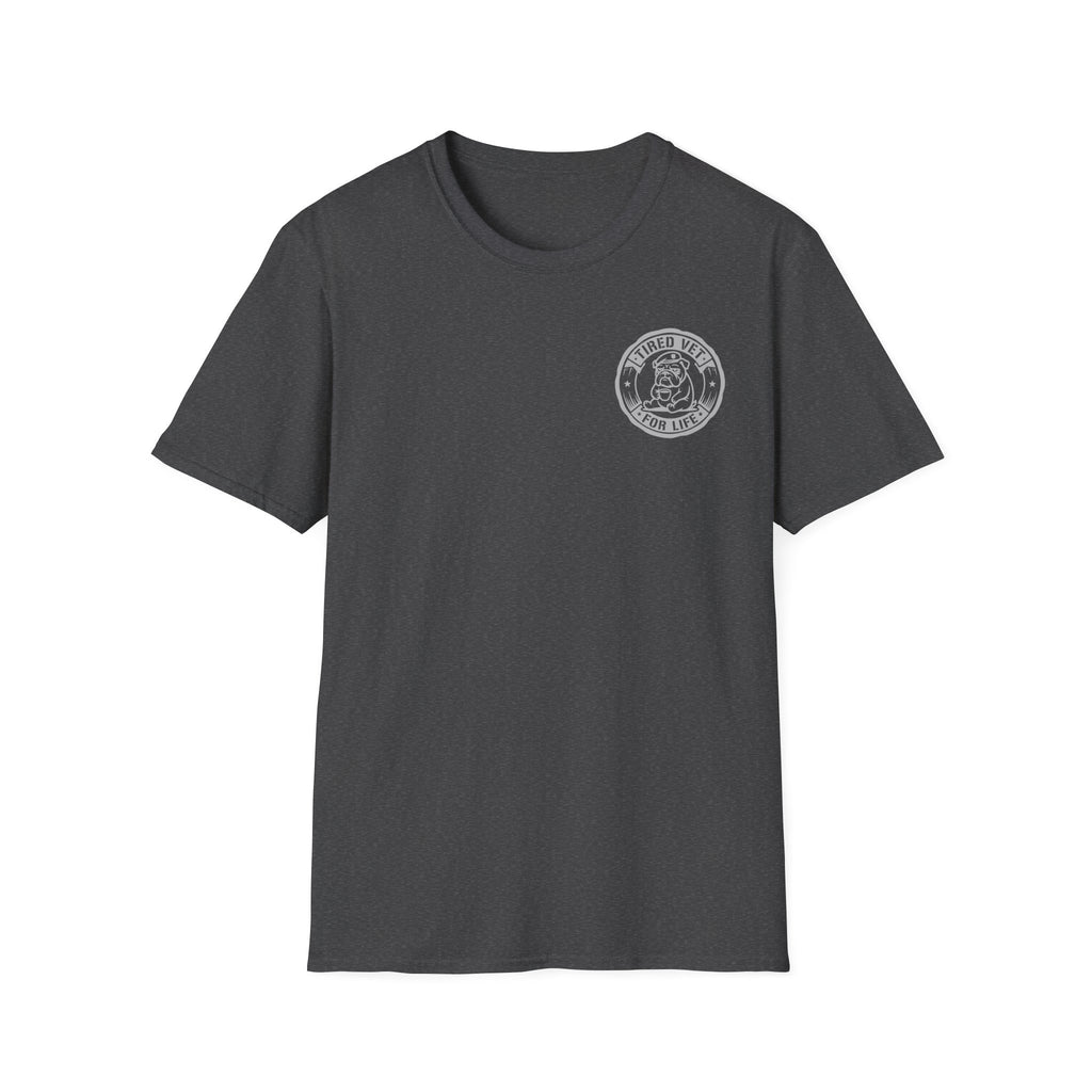 Funny Retired Veteran T-Shirt Humorous Sleeping Desk Graphic Tee with Military Chest Badge for Vets