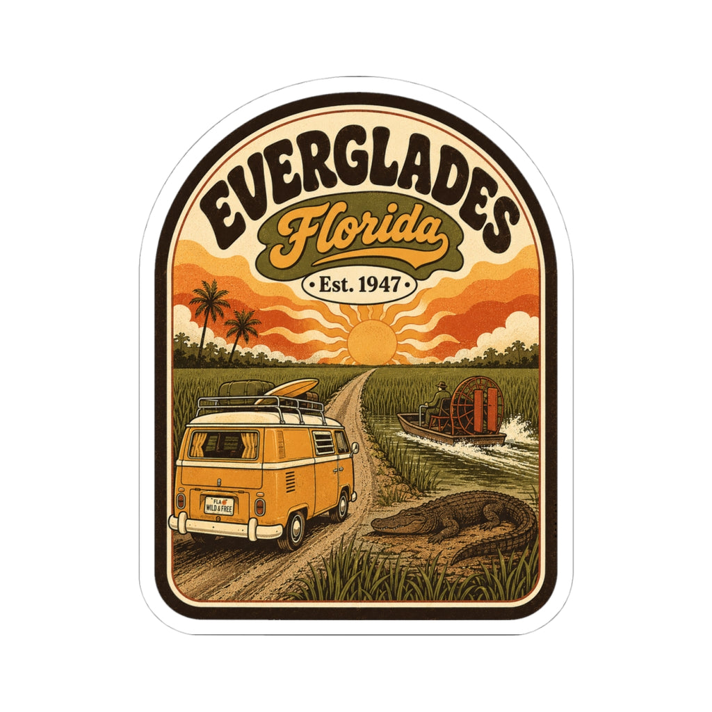 Everglades Florida vintage camper sticker showing orange van, crops, and sunset with white outline