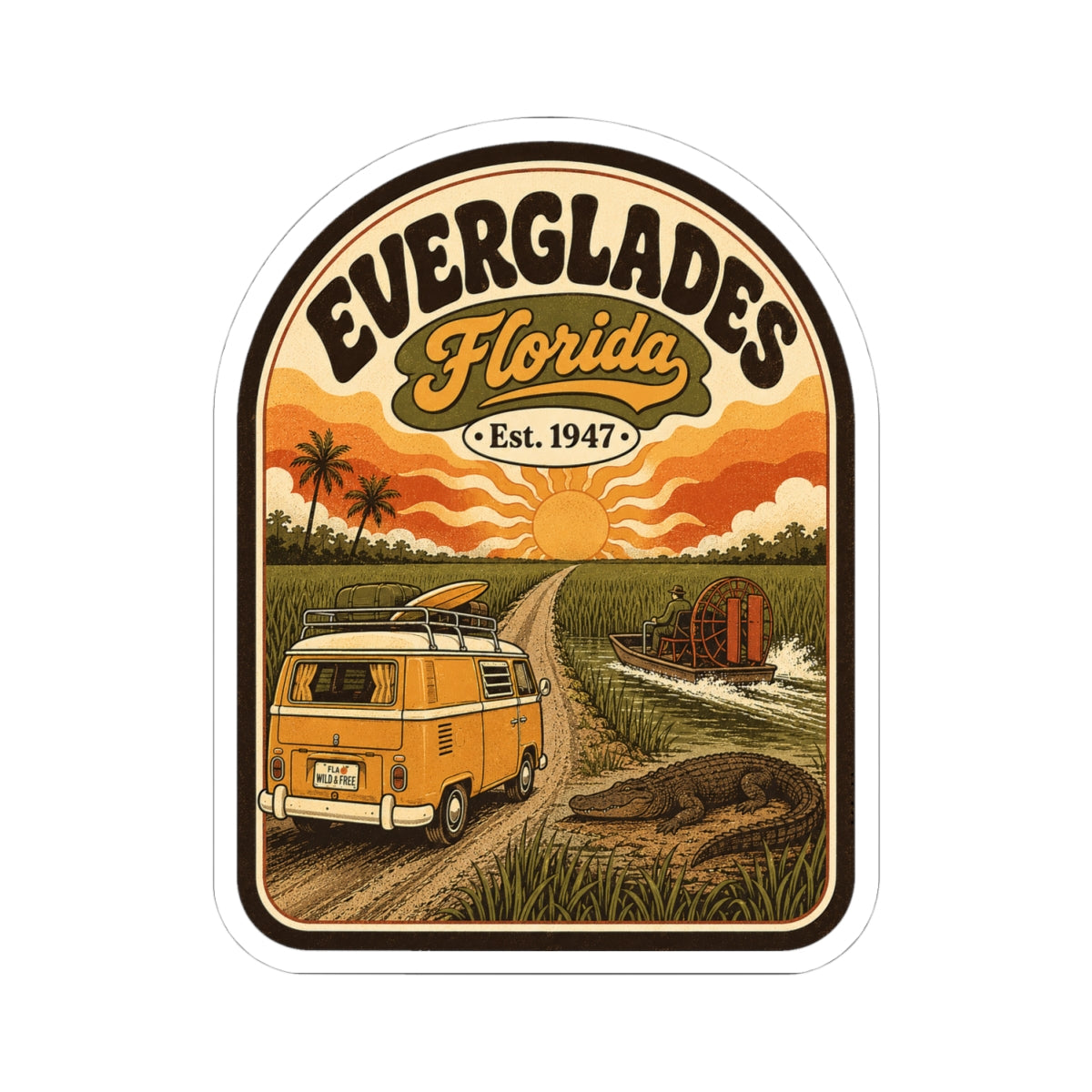 Everglades Florida vintage camper sticker showing orange van, crops, and sunset with white outline