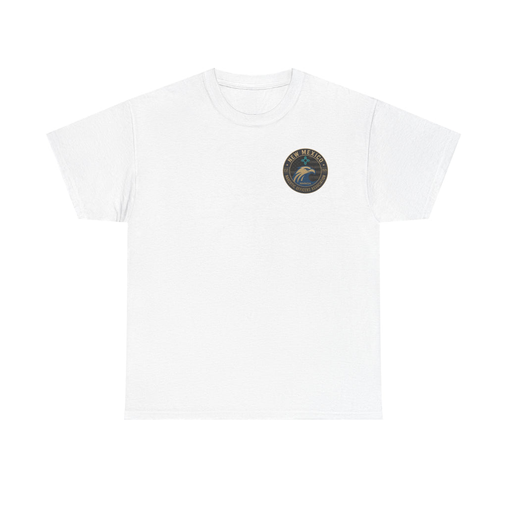White crewneck tee with small circular chest logo