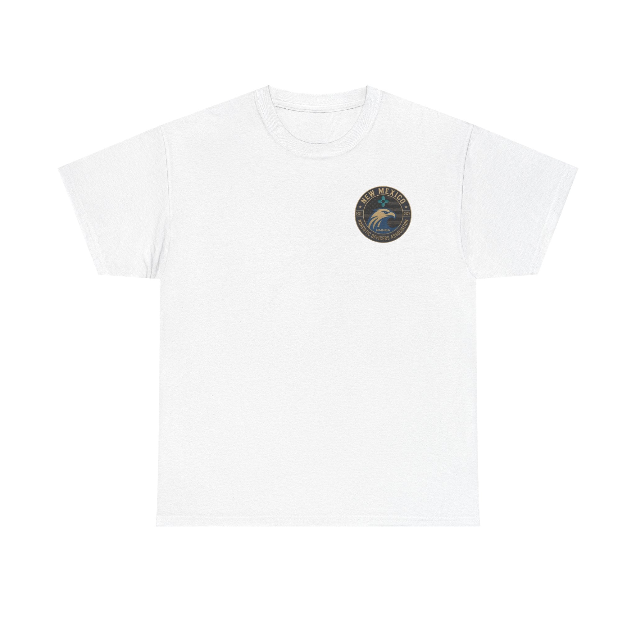 White crewneck tee with small circular chest logo