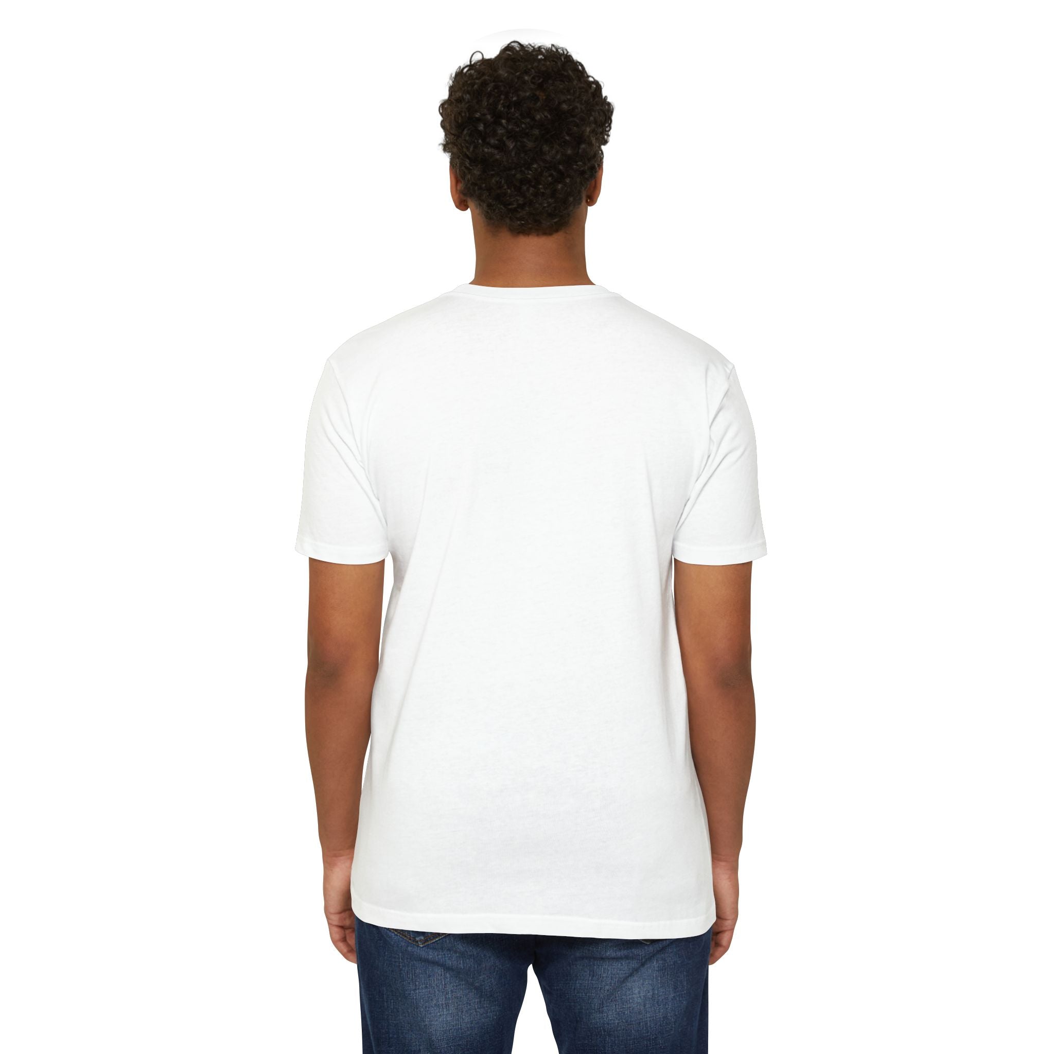 White crew-neck T-shirt, plain back view.