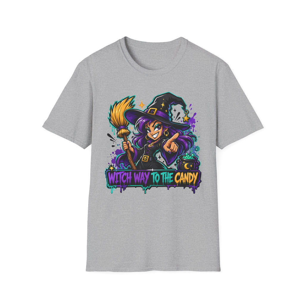 Witch Way To The Candy T-Shirt | Funny Halloween Witch Graphic Tee | Spooky Season Gift | Trick or Treat Shirt