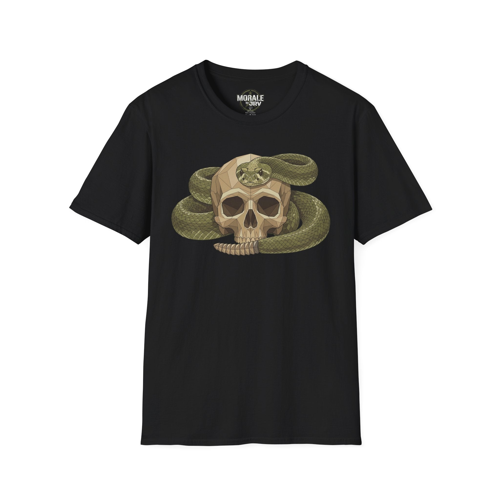 Camiseta negra con calavera de serpiente verde envuelta y diseño botánico vintage