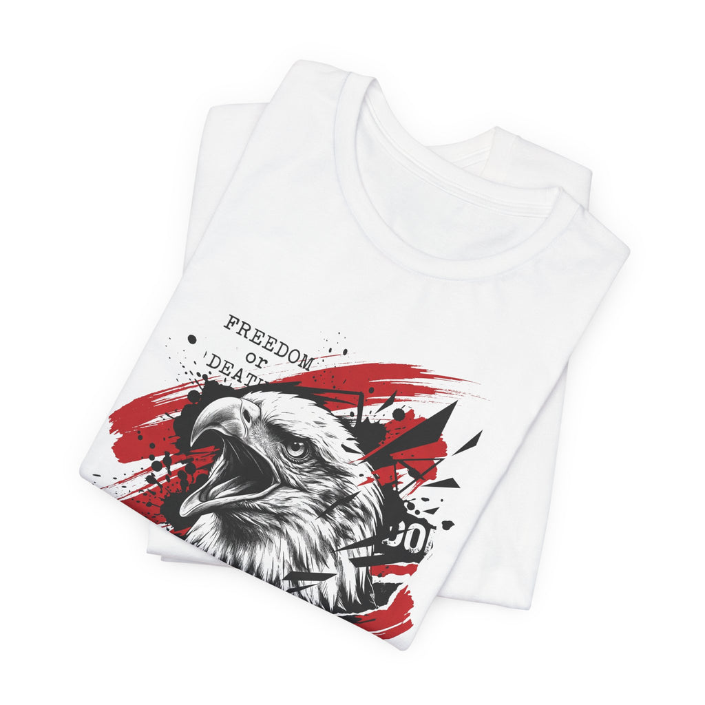 White crewneck T-shirt with red splatter bald eagle front graphic