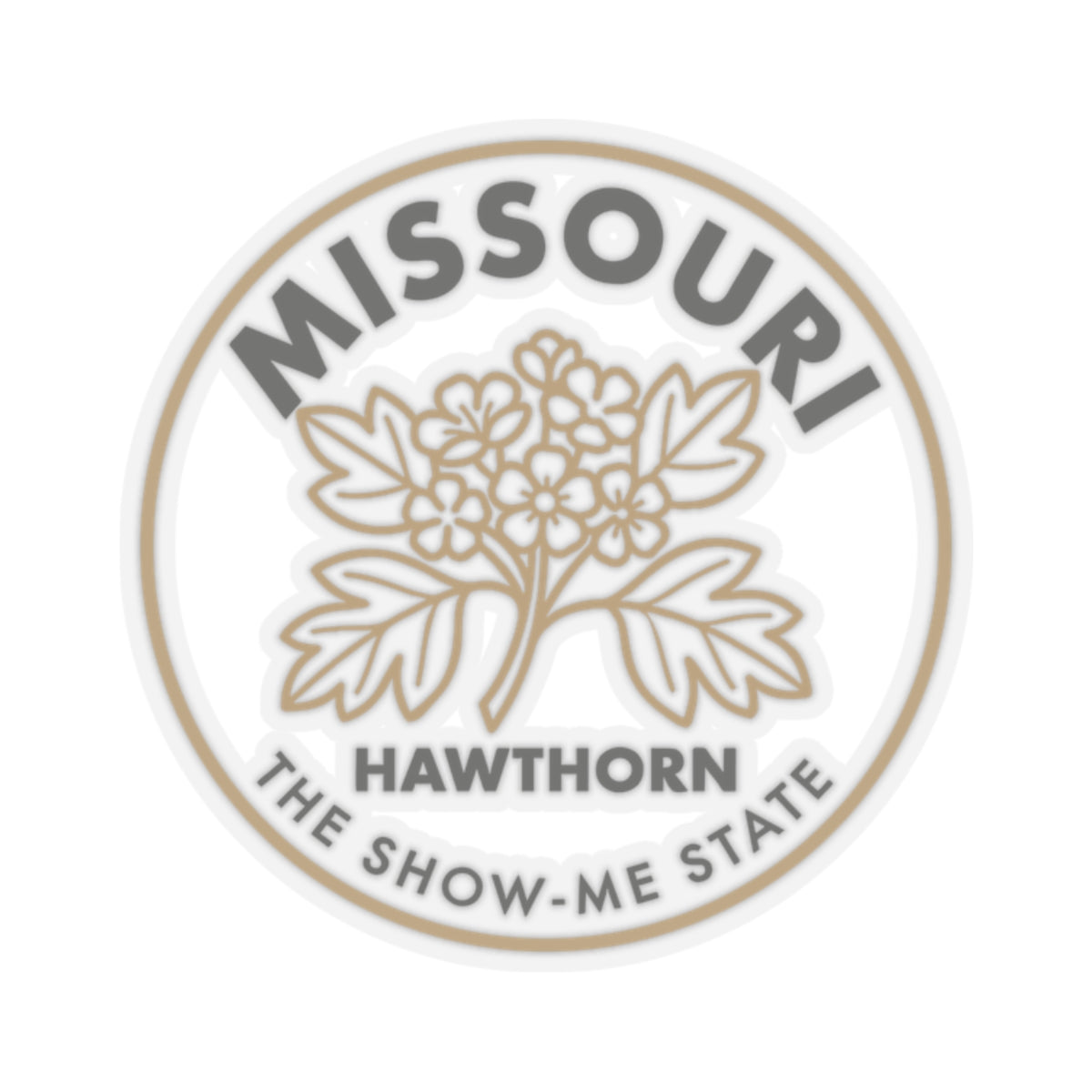 Circular hawthorn state flower vinyl sticker, transparent decal with floral tree and text