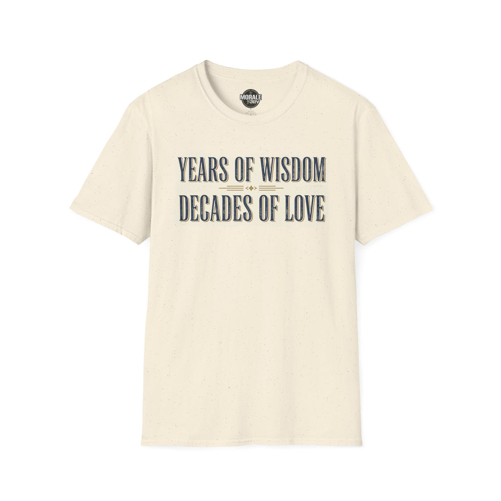 Natural cream t-shirt with “YEARS OF WISDOM / DECADES OF LOVE” quote design