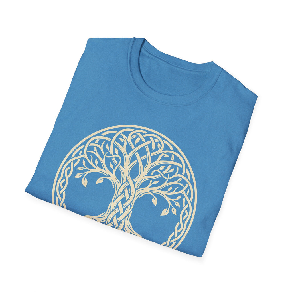 Teal crew-neck T-shirt with gold tree-of-life knotwork circle print