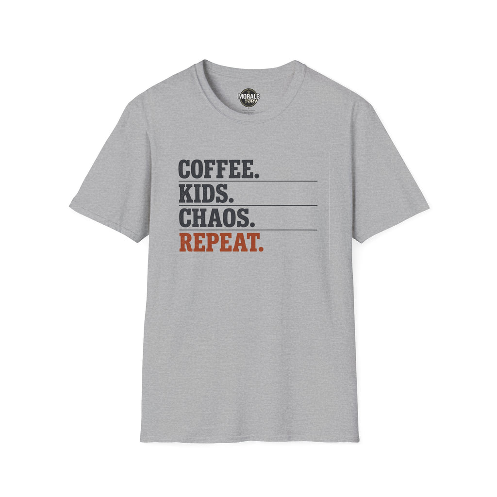 Coffee Kids Chaos Repeat T-Shirt (sport grey) front with “COFFEE. KIDS. CHAOS. REPEAT.”