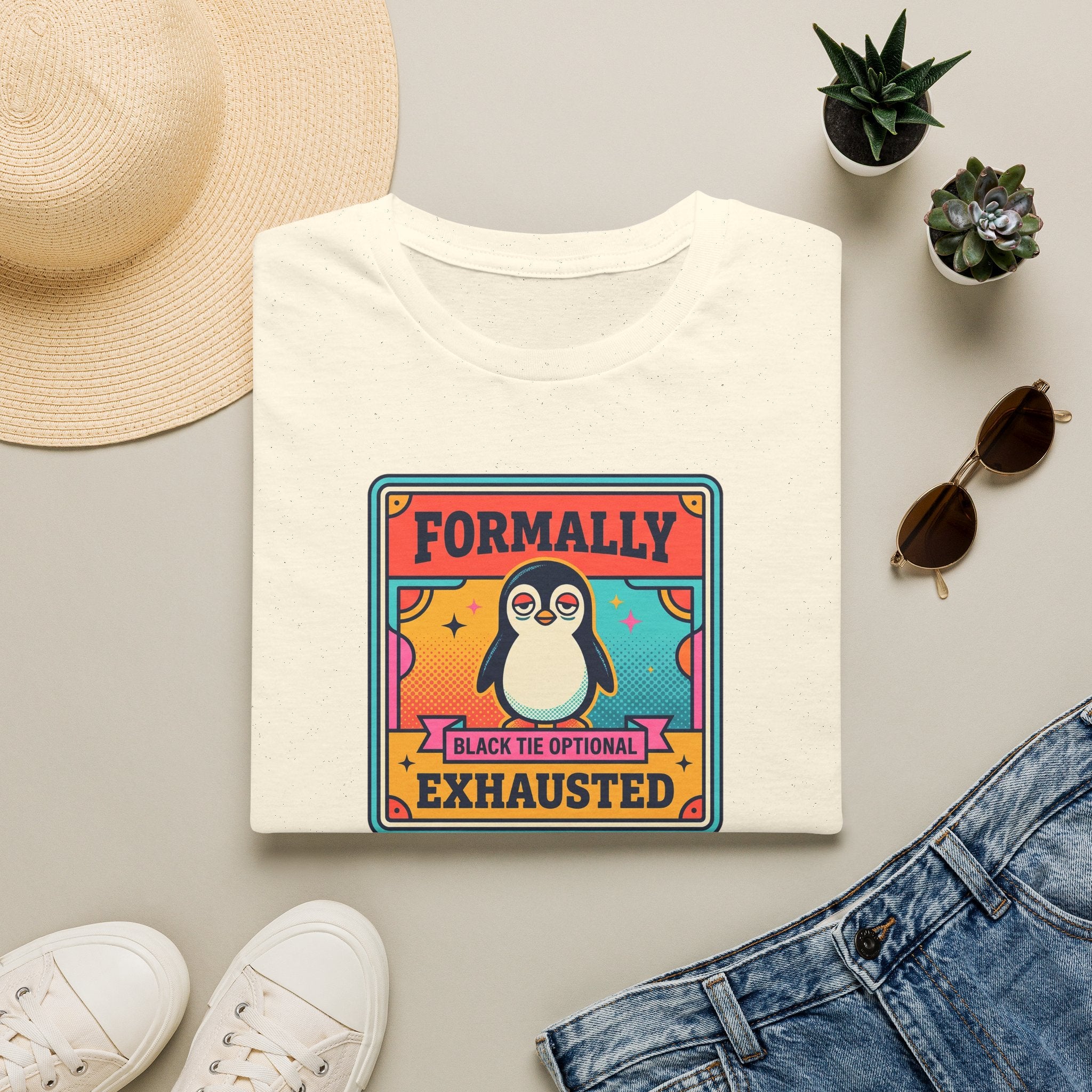 Funny Penguin T-Shirt | Formally Exhausted Black Tie Optional Retro Graphic Tee | Penguin Gift