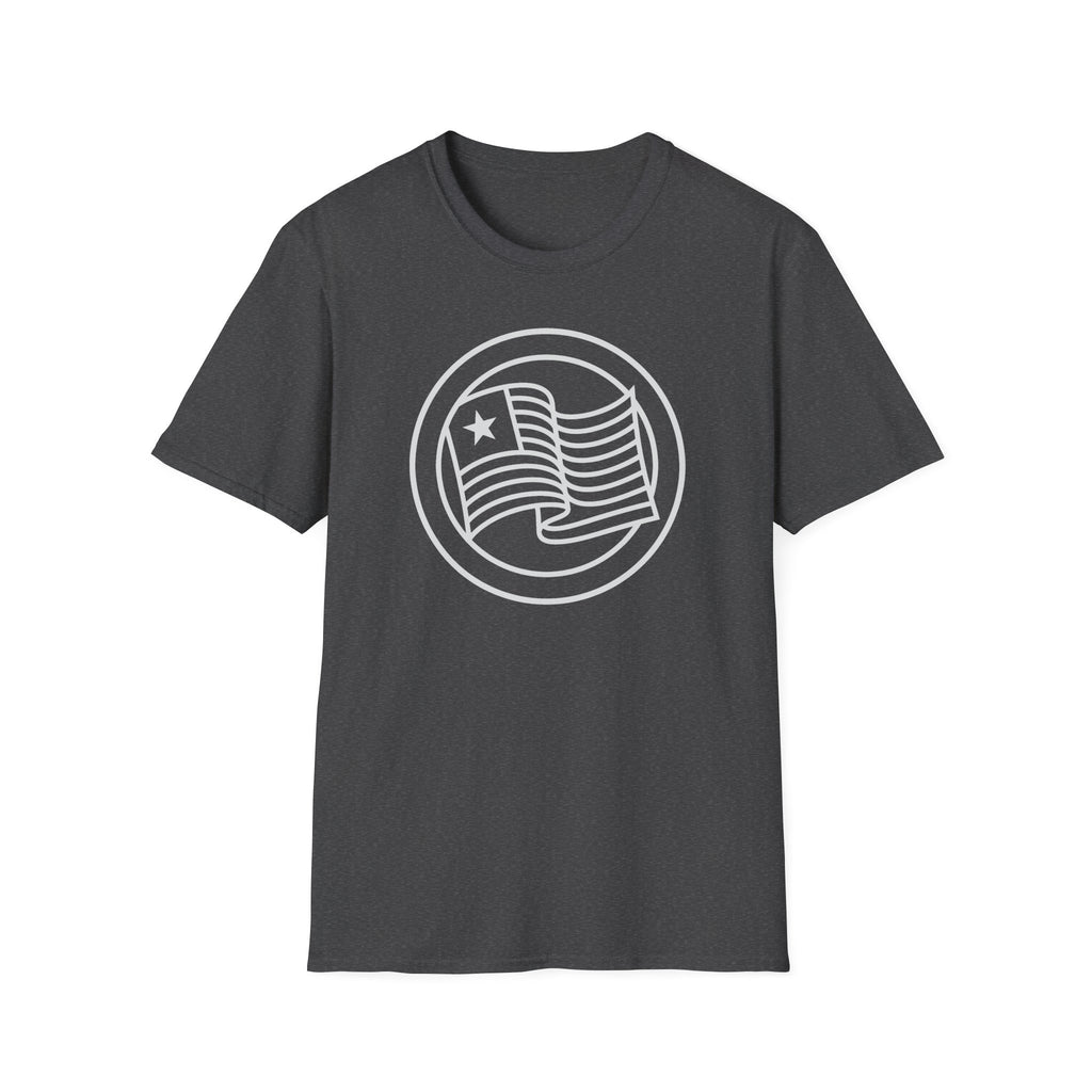 Dark gray t-shirt with round flag graphic printed on the front