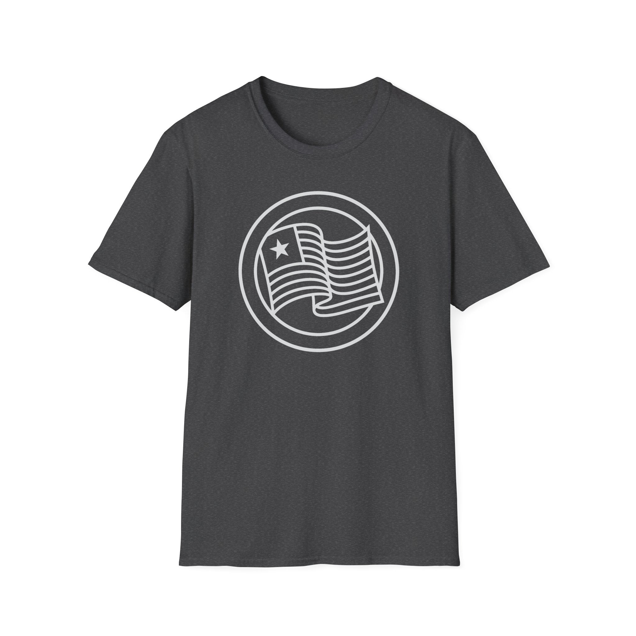 Dark gray t-shirt with round flag graphic printed on the front