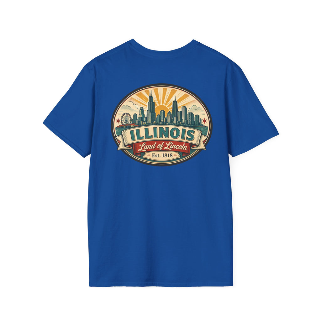 Royal blue T-shirt with circular Illinois skyline badge, Est. 1818