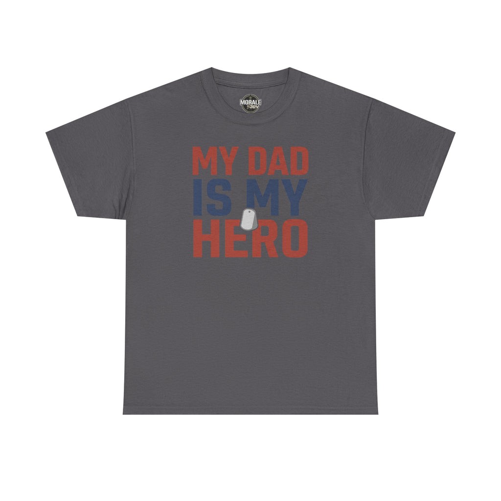 Men's charcoal graphic T-shirt with 'MY DAD IS MY HERO' text and dog tag icon