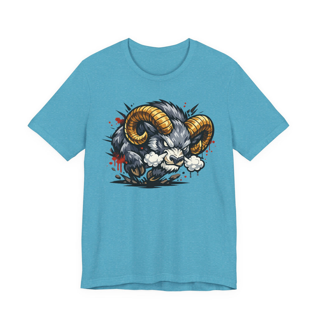 Charging Ram Illustration T-Shirt | Angry Horned Animal Graphic Tee, Wild Bighorn Art Unisex Gift