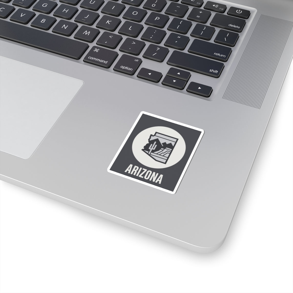 Arizona desert badge kiss-cut sticker, square with desert icon and “ARIZONA” text