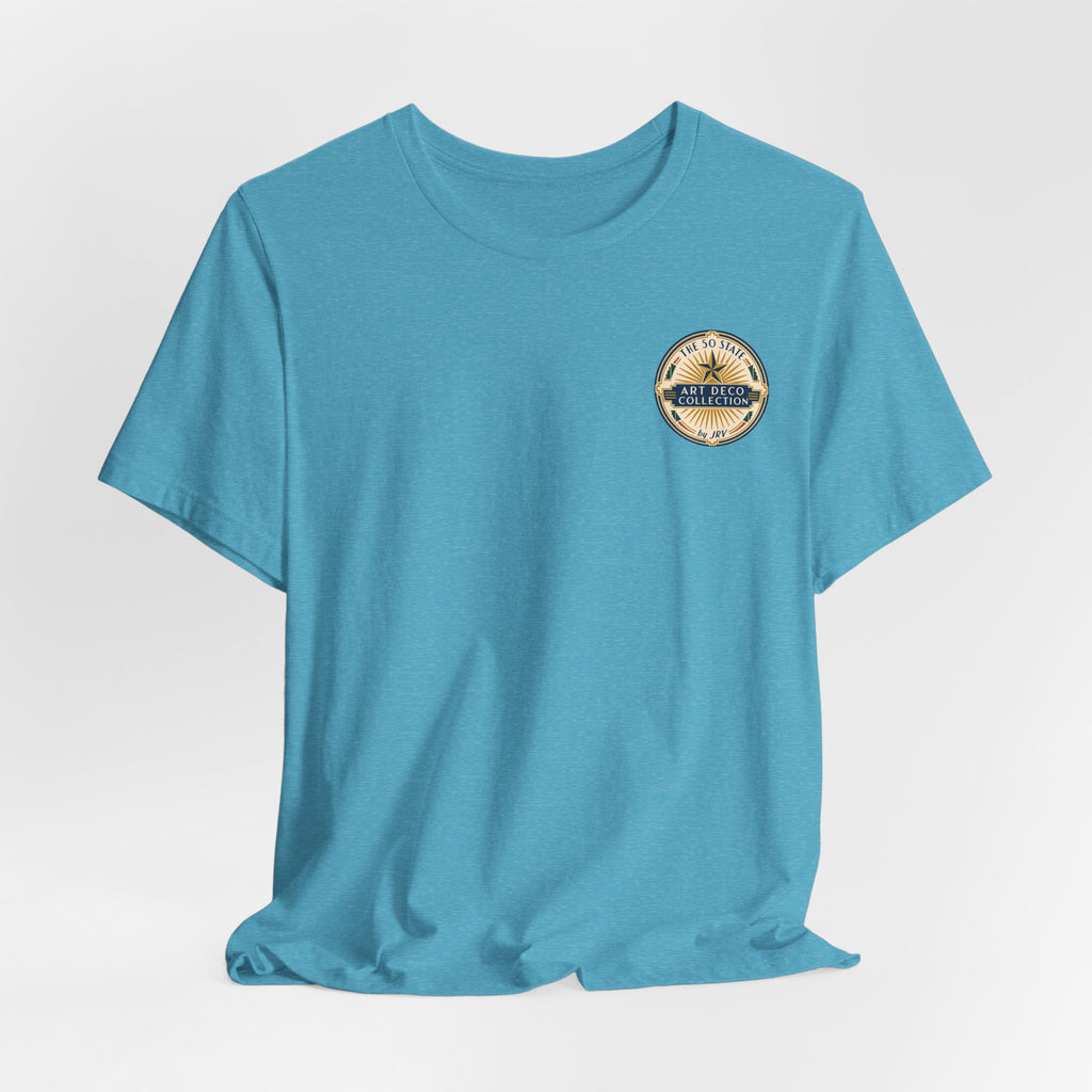 Teal crewneck t-shirt with circular art deco logo patch