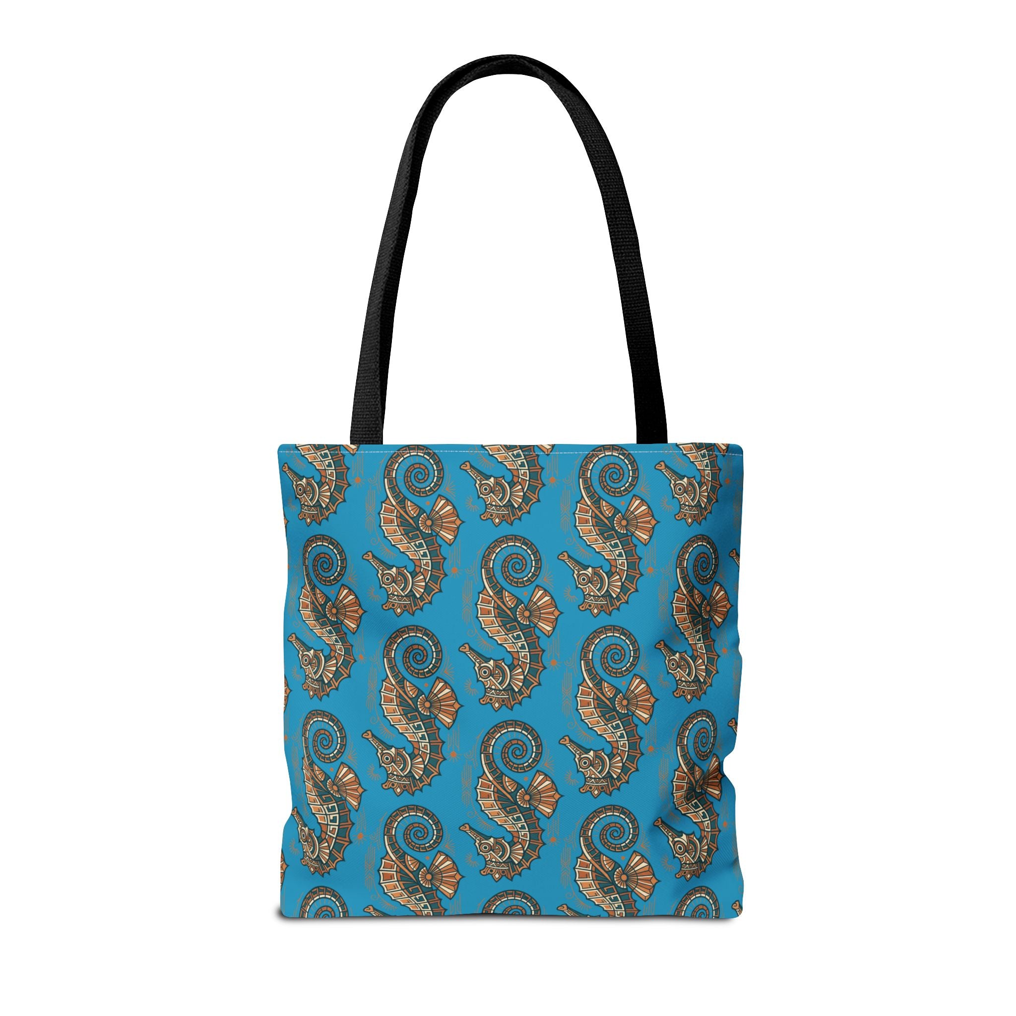 Ocean blue tote bag with steampunk seahorse pattern and black handles, front view