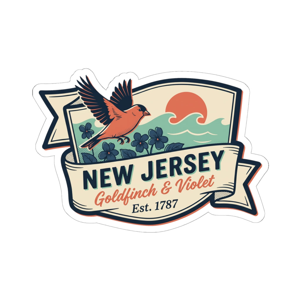 New Jersey sticker decal with bird, flowers, wave, and “Est. 1787” text.