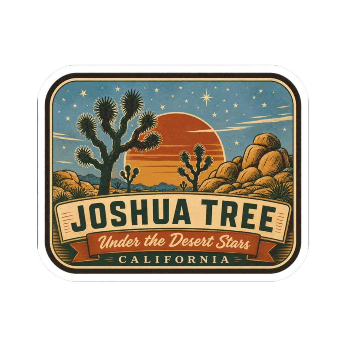 Joshua Tree travel sticker featuring Joshua tree silhouette, desert stars, and “Under the Desert Stars”.