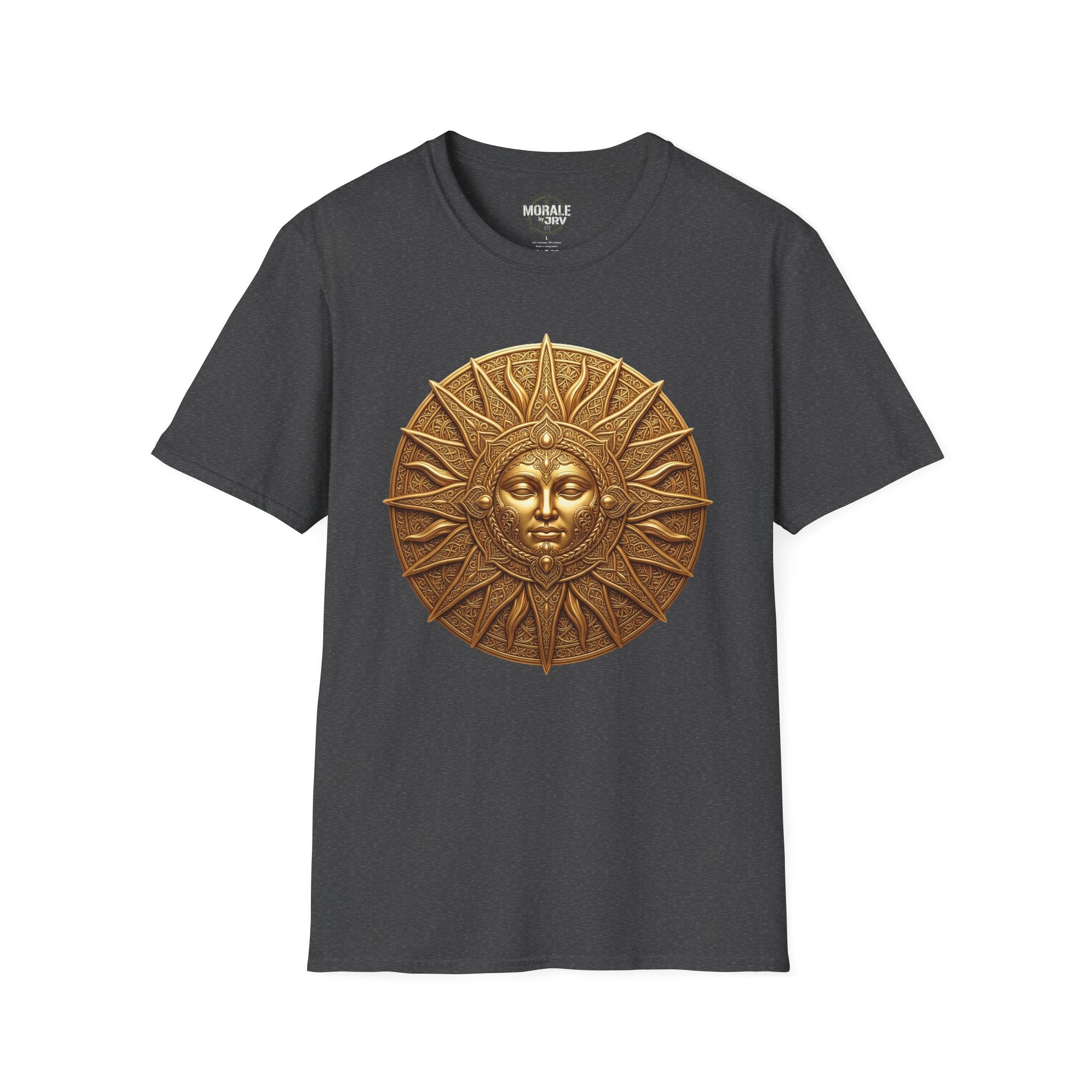 Bronze Sun Face medallion T-shirt, dark heather tee with bronze-gold sun face graphic