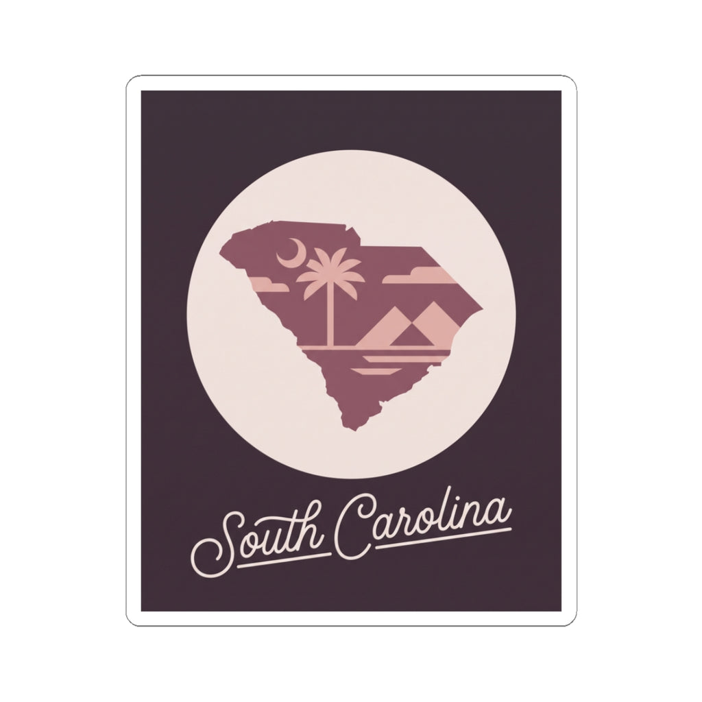 South Carolina state silhouette sticker with palm tree inside a beige circle