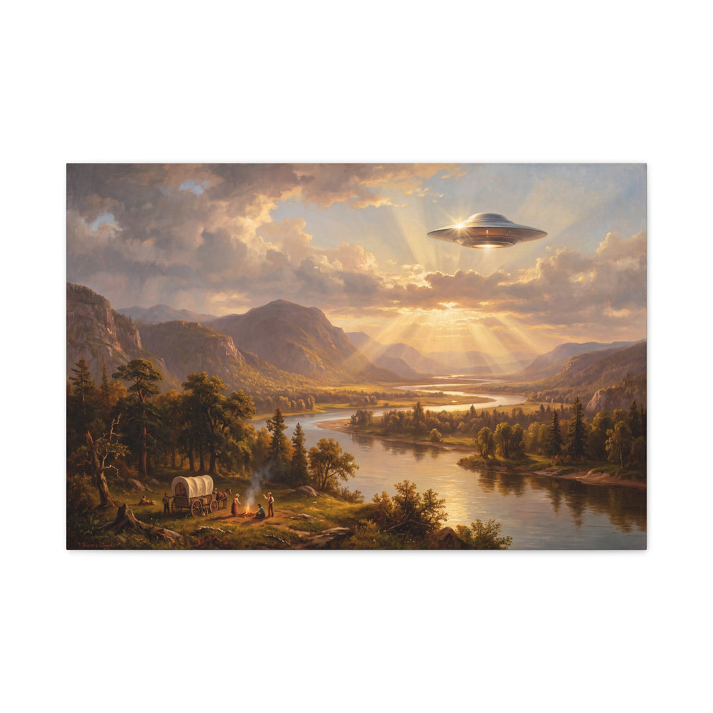 Pastoral river landscape canvas print showing mountains, forest trees, and glowing UFO