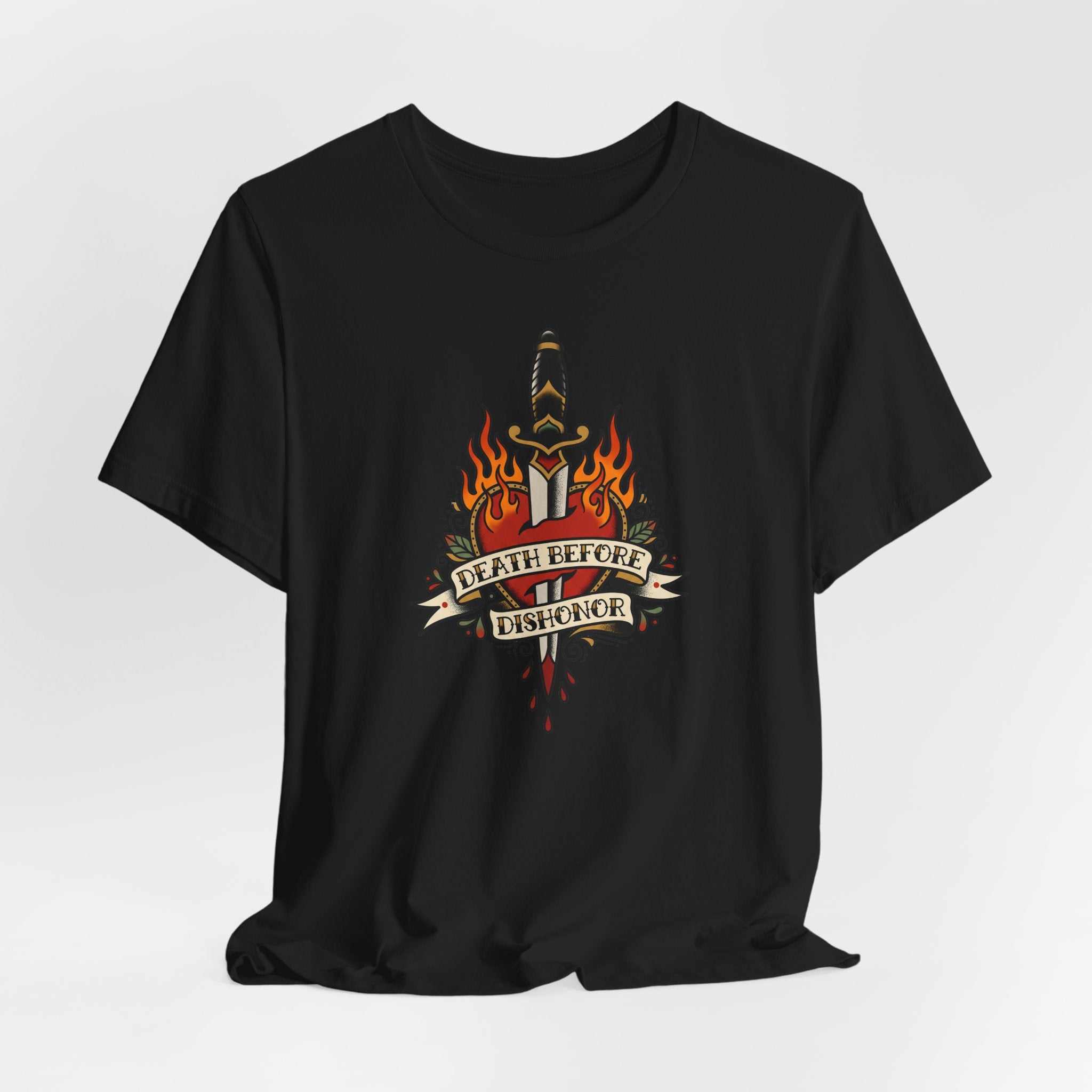 Black T-shirt with flaming dagger and banner graphic on the front.