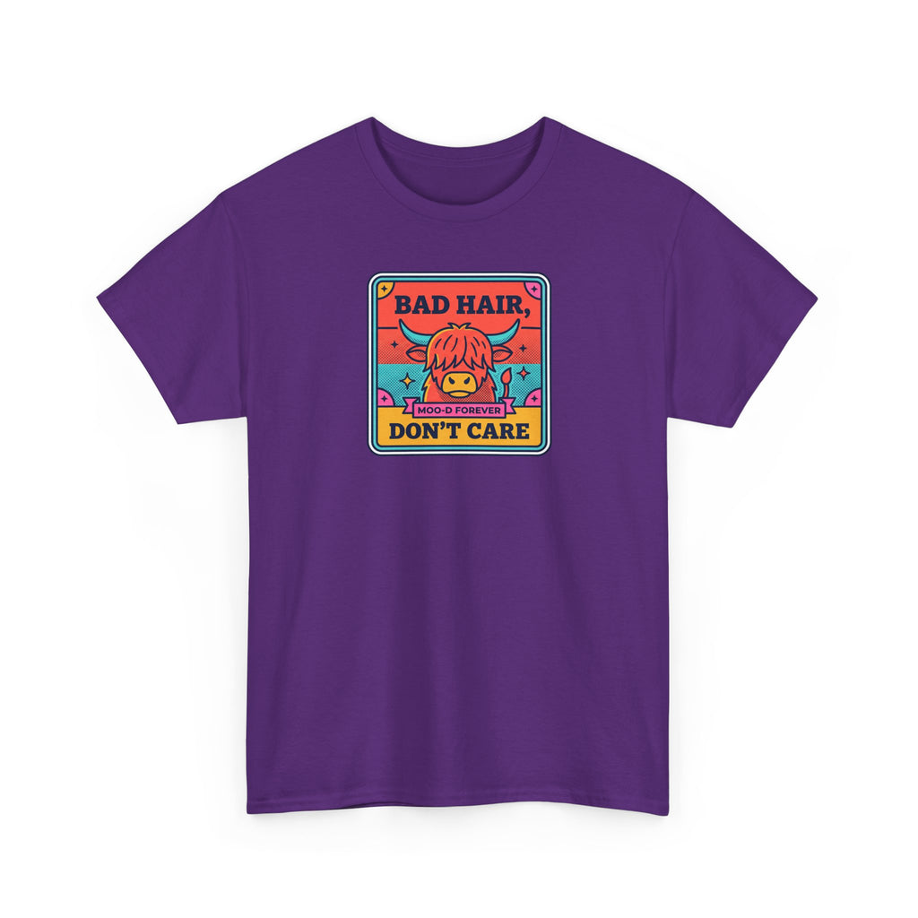 Bad Hair Don't Care T-Shirt | Funny Highland Cow Moo-d Graphic Tee | Cattle Humor Gift