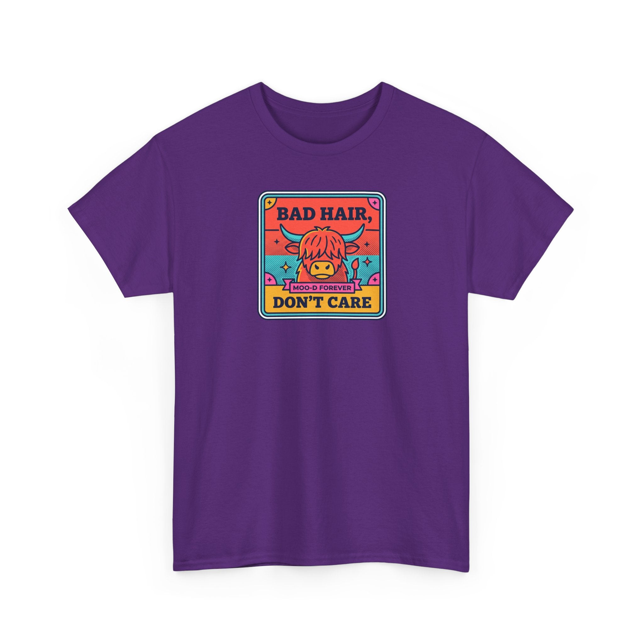 Bad Hair Don't Care T-Shirt | Funny Highland Cow Moo-d Graphic Tee | Cattle Humor Gift