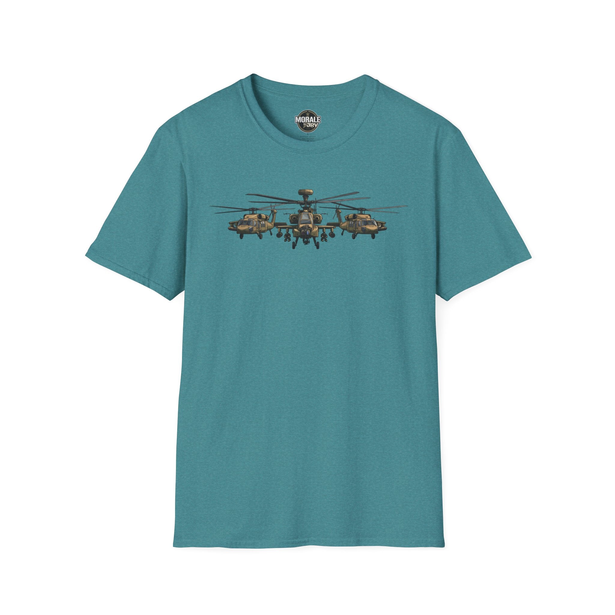 Teal T-shirt with Apache helicopter formation graphic across the chest