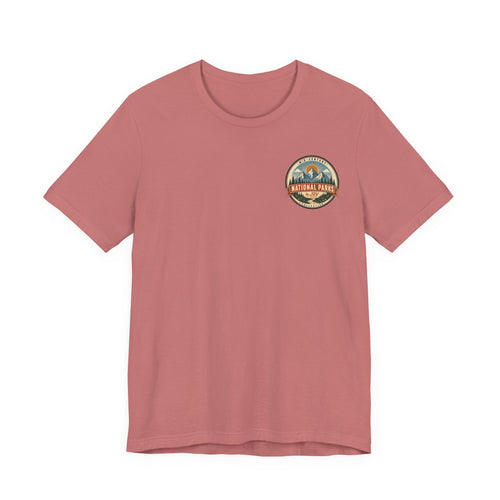 Rose pink national park graphic t-shirt with small round logo on the chest