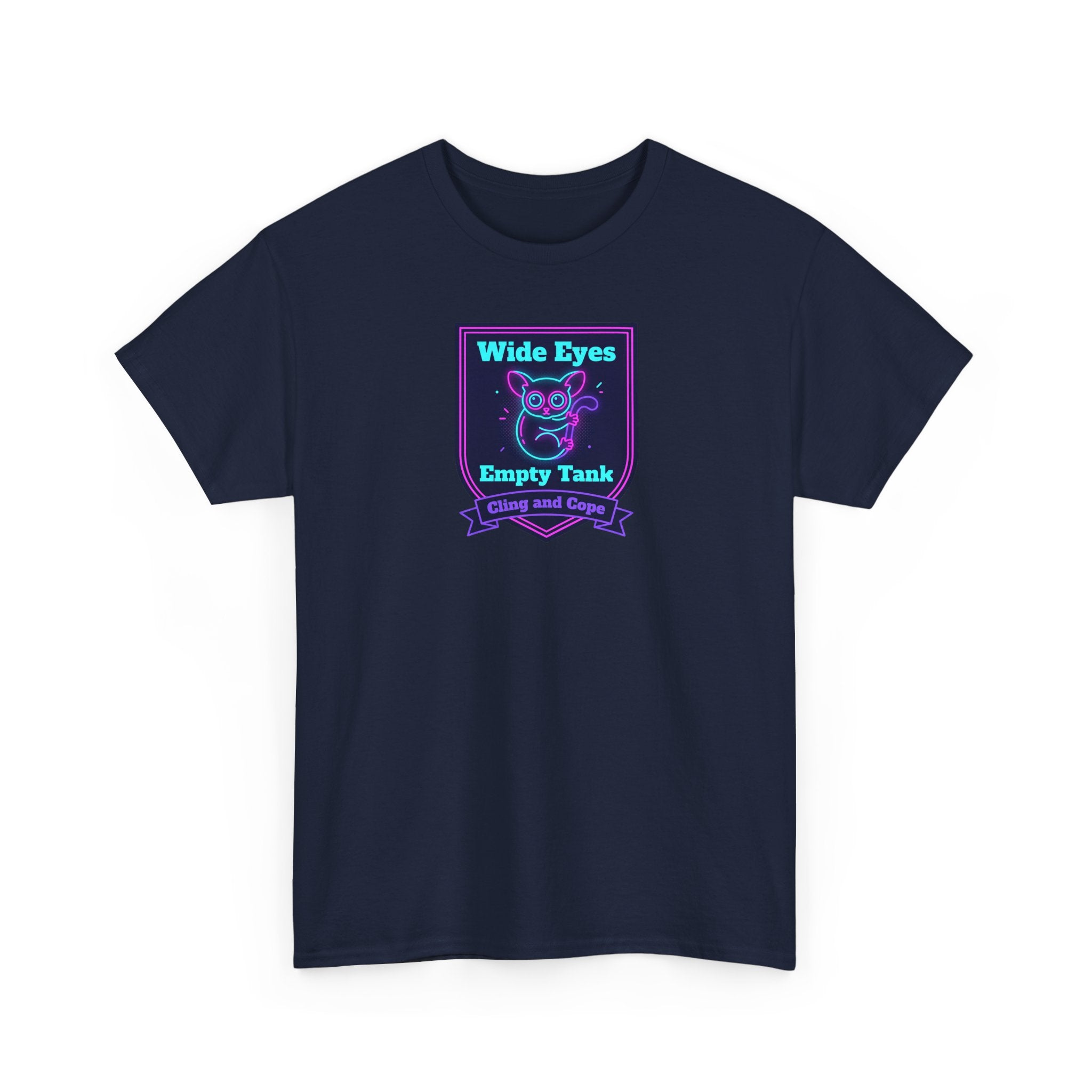 Wide Eyes Empty Tank T-shirt | Owl Illustration, Neon Purple & Teal Badge