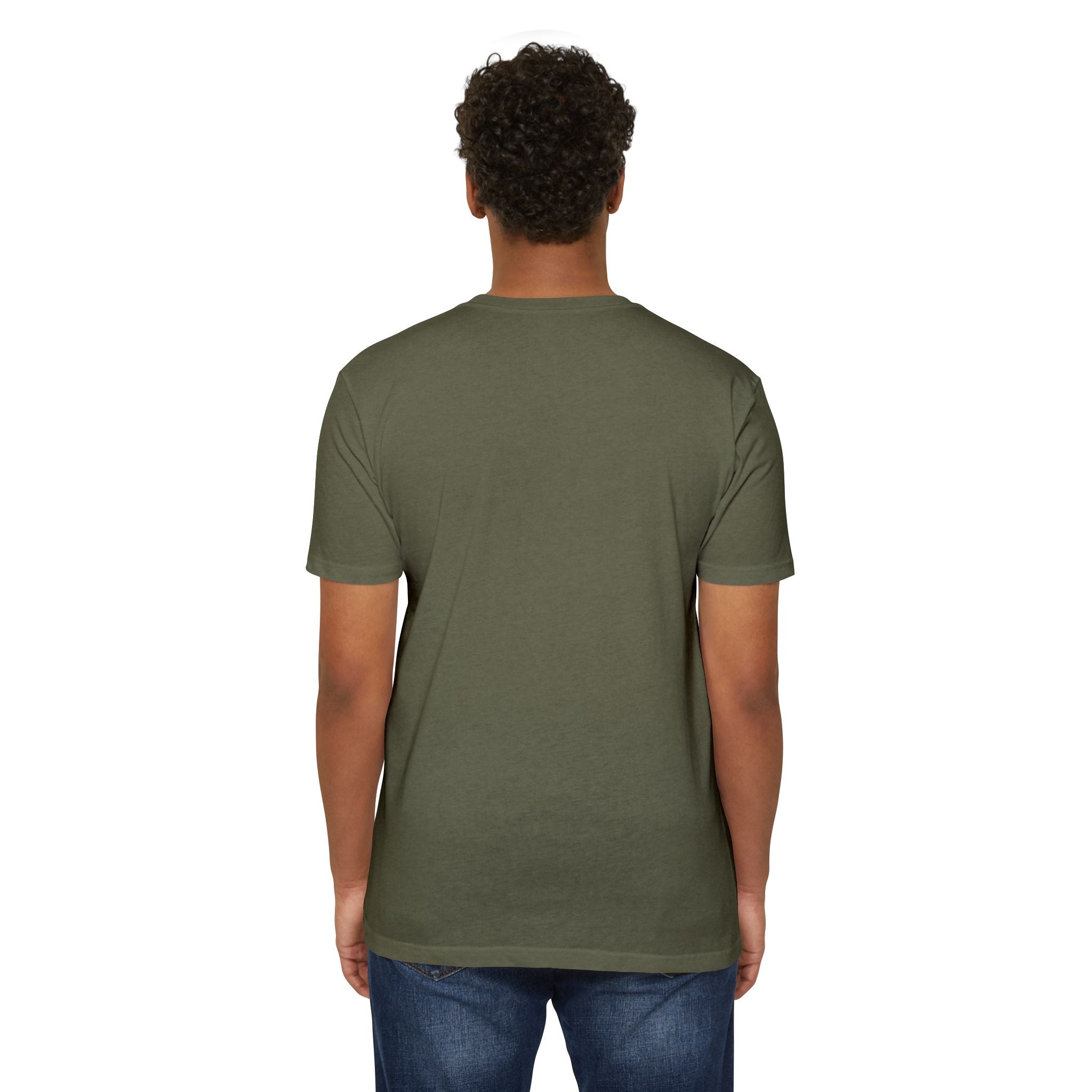Olive green crewneck T-shirt, back view