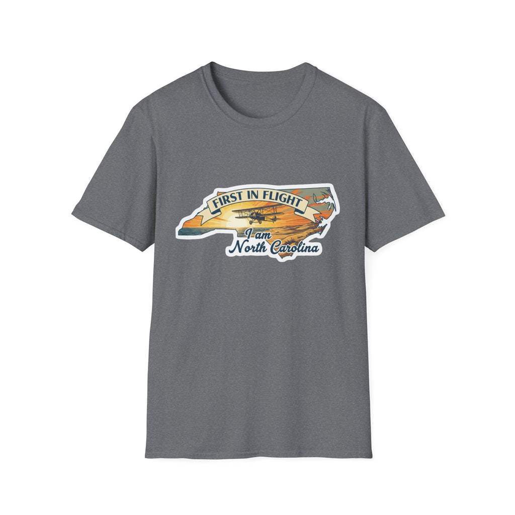 North Carolina T-shirt in light heather grey, “First in Flight” plane and state outline graphic