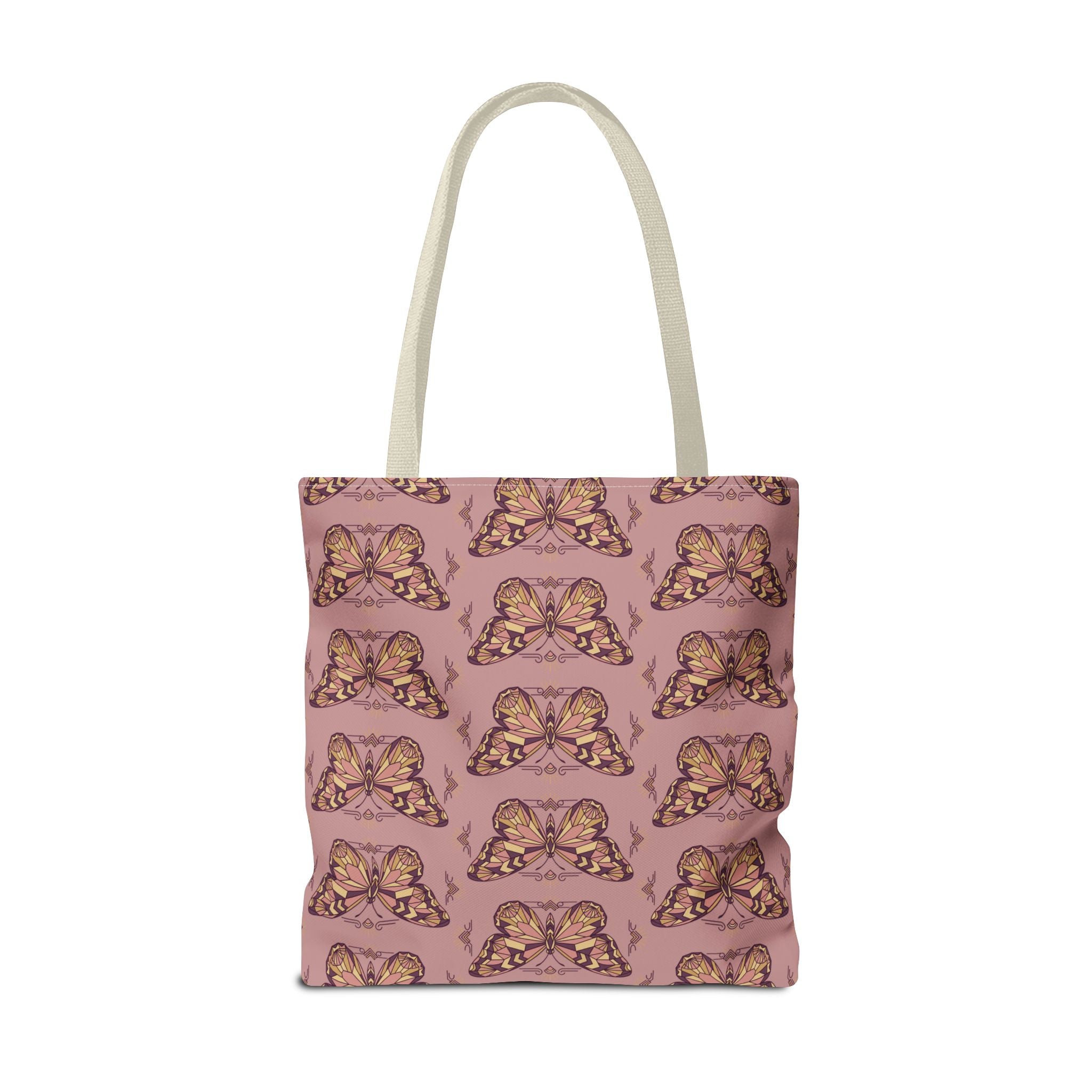 Pink tote bag with vintage butterfly print and light beige top handles