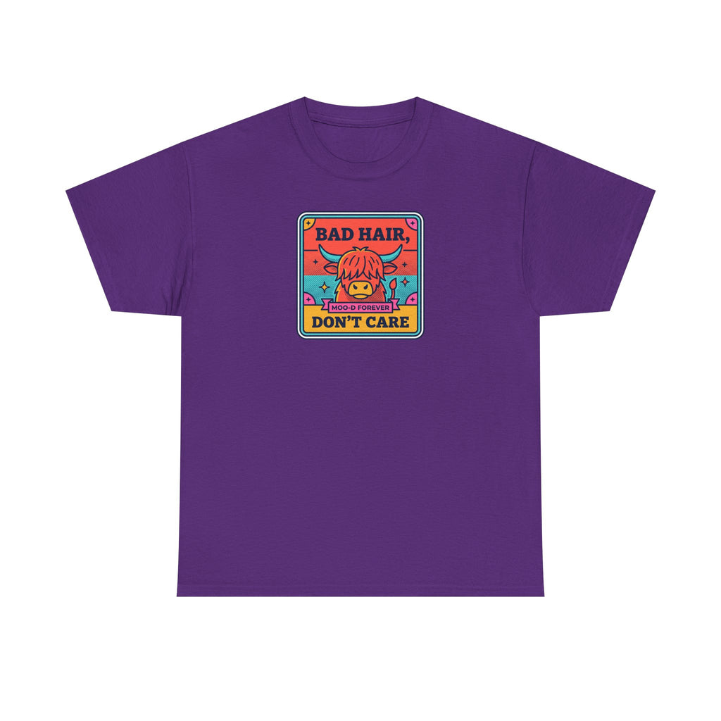 Bad Hair Don't Care T-Shirt | Funny Highland Cow Moo-d Graphic Tee | Cattle Humor Gift