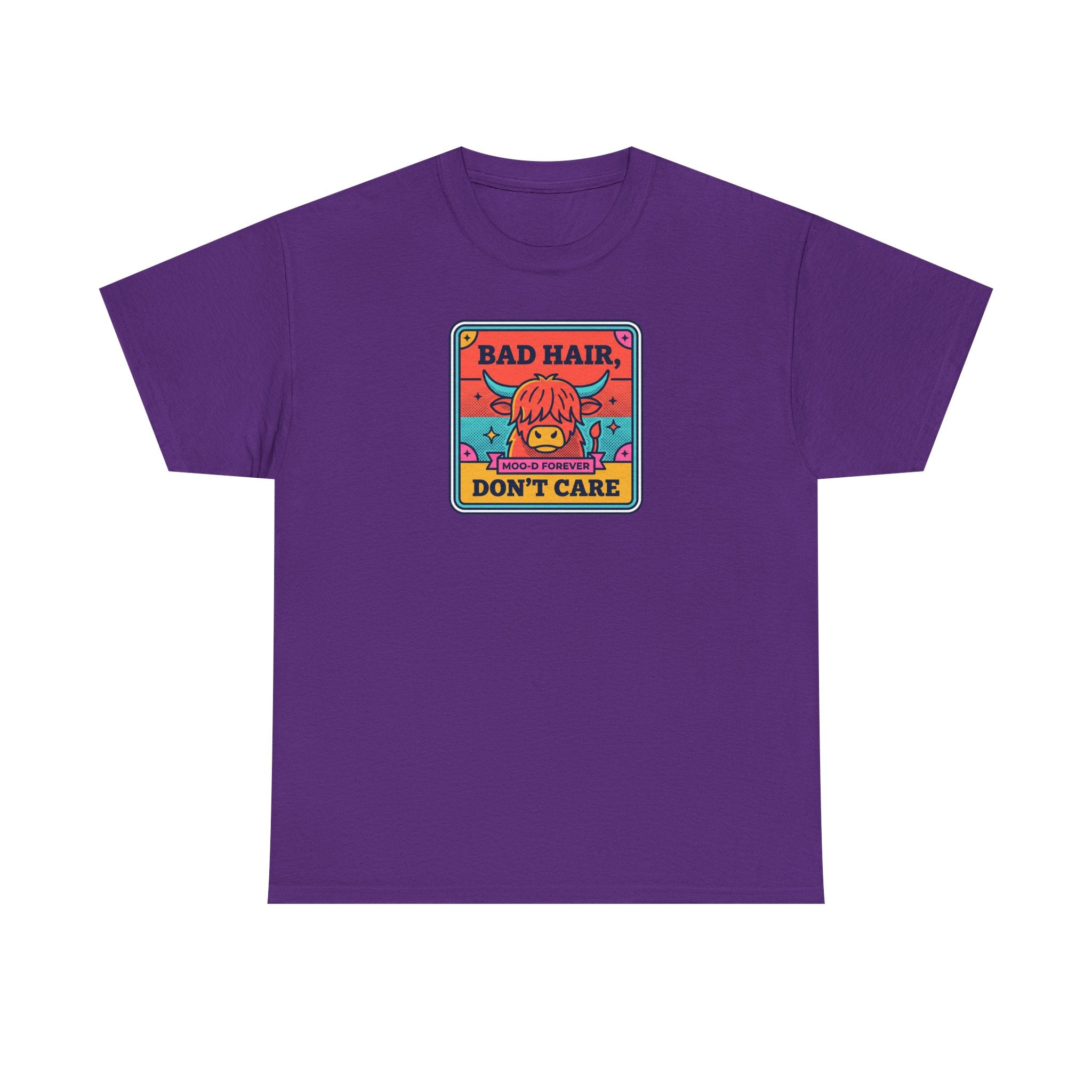 Bad Hair Don't Care T-Shirt | Funny Highland Cow Moo-d Graphic Tee | Cattle Humor Gift