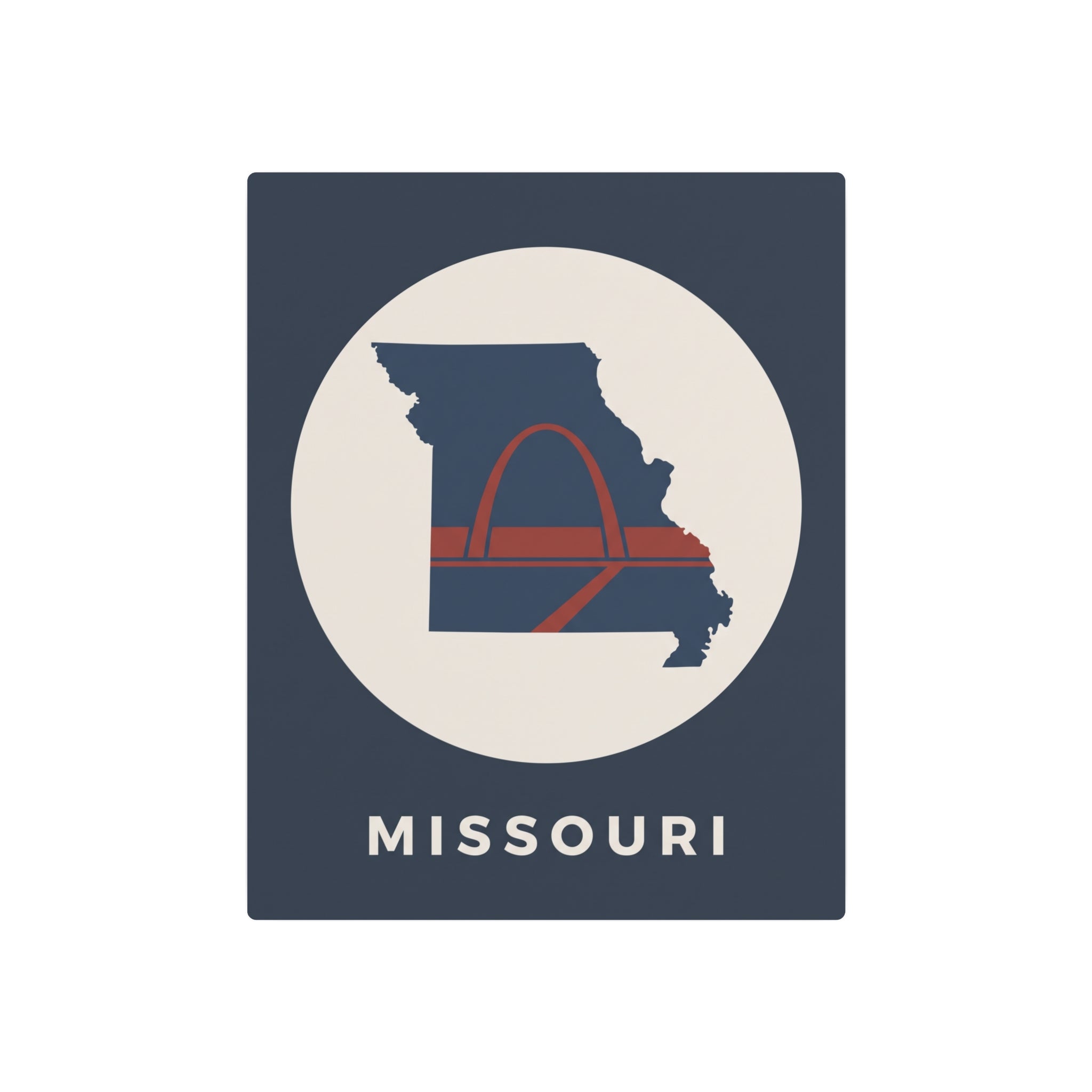 Missouri metal map art sign, blue square with circular arch-and-state logo and MISSOURI